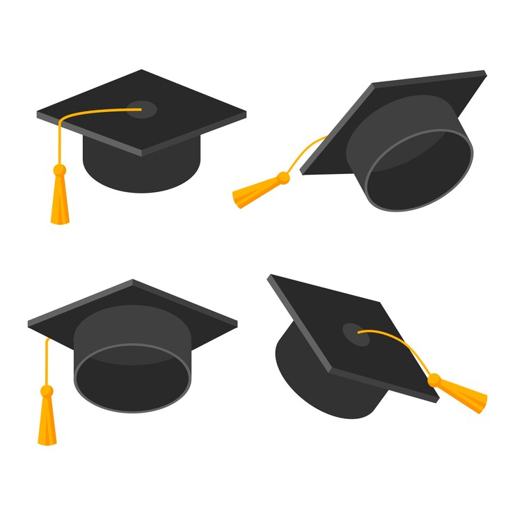 Set afstudeerpet. Academische hoed met kwast geïsoleerd op een witte achtergrond. Vectorsymboolillustratie in vlakke stijl. Ontwerp voor kaart, banner, logo, conceptonderwijs