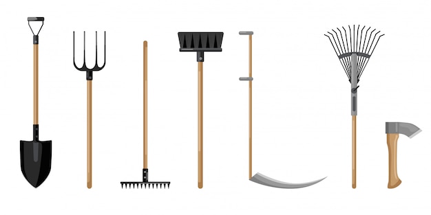 Set agricultural on white backdrop. shovel, pitchfork, broom, axe, scythe,rake flat style