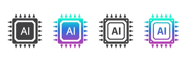 AI チップのアイコンセット - 黒とグラデーションカラー - 未来的な人工知能のシンボル - プロセッサチップアイコン - 大規模なデータ処理データベースコンセプト - ウェブアプリのUXとUIのベクトルイラスト