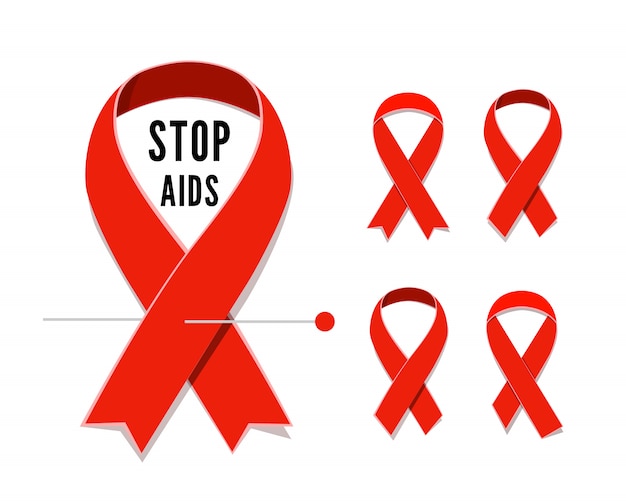 Set aids-bewustzijn rode satijnen linten geïsoleerd op een witte achtergrond. illustratie van symbool voor solidariteit met hiv-positieve mensen en mensen met. lus van satijnlint