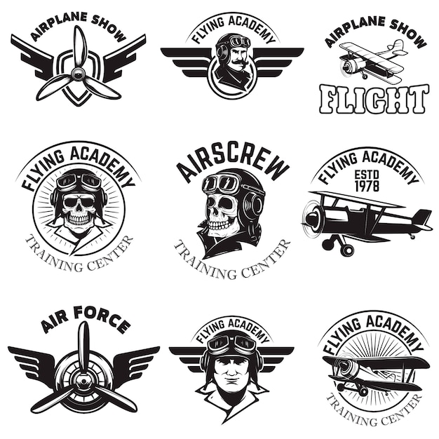 Vector set of air force, airplane show, flying academy emblems. vintage planes.  elements for logo, badge, label.  illustration.