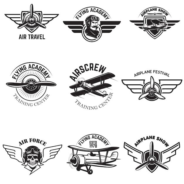 Vector set of air force, airplane show, flying academy emblems. vintage planes.  elements for logo, badge, label.  illustration.