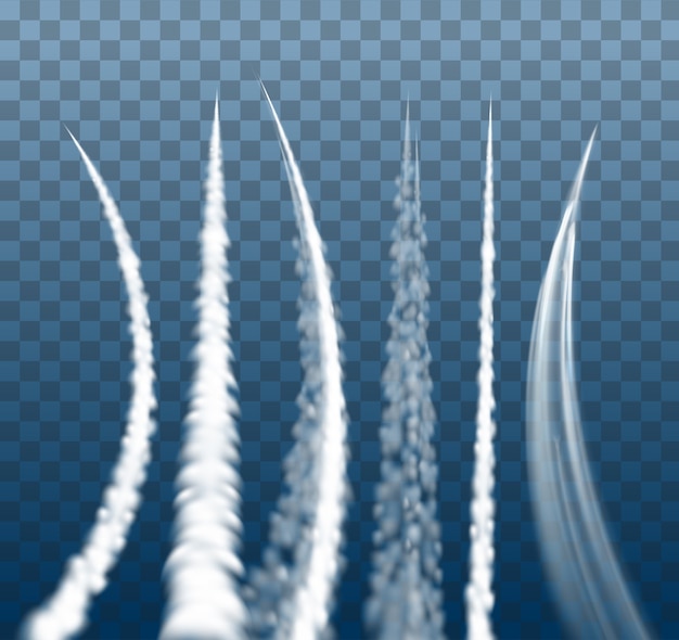 Vector set of airplane condensation trails, jet trailing smoke, smoky effect after rocket or plane isolated on transparent background