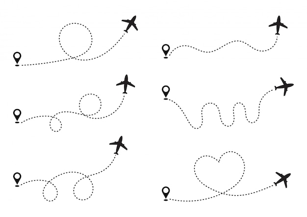 始点と破線トレースを備えた飛行機の破線パスのセット。世界中の旅行の概念。白い背景に分離します。