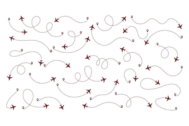 Vector set of airplane routes in dashed line trace plane route lines of aircraft tracking