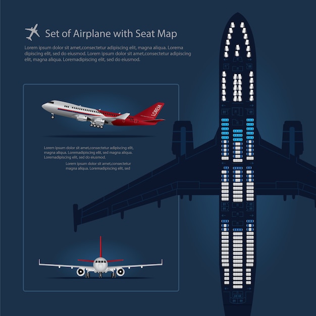 Vettore insieme dell'aeroplano con l'illustrazione di vettore isolata mappa di seat