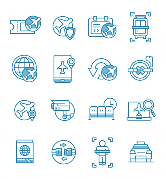 Set of airport and airplane icons with outline style.