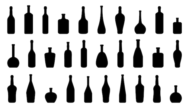 Vettore set di icone della silhouette della bottiglia di alcol collezione di bottiglie di alcol nero