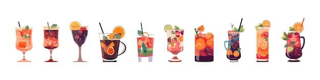 Vector set of alcohol cocktails flat cartoon isolated on white background vector illustration