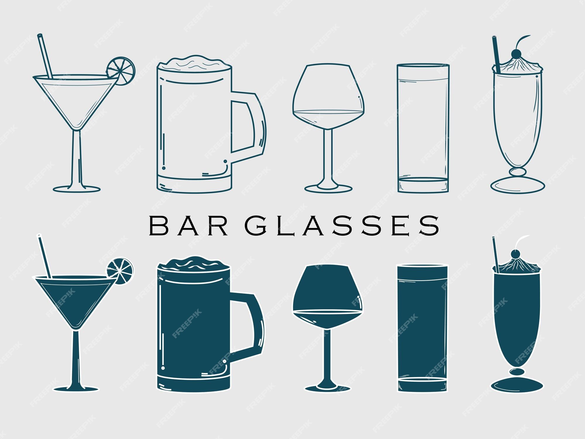 Bar glass guide: a collection of various kinds of vector bar glasses, their  proper naming and usage for drinks. Stock Vector by ©Medeja 96509840