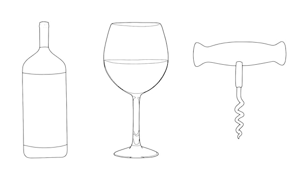 Set of alcohol wine bottle glass corkscrew linear sketch doodle