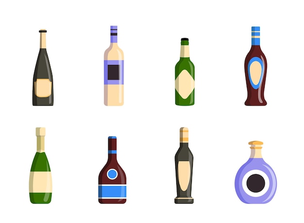 Set of alcoholic bottles Wine champagne and whiskey beer Alcohol and beverage in glass bottles Elegant drinks and cocktails Cartoon flat vector collection isolated on white background