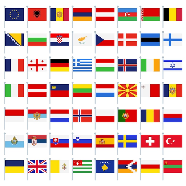 Vector set of all europe flag pole flags