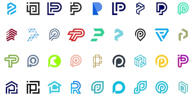 Vettore set di loghi monogrammi dell'alfabeto p per le società di tecnologia digitale e finanziarie