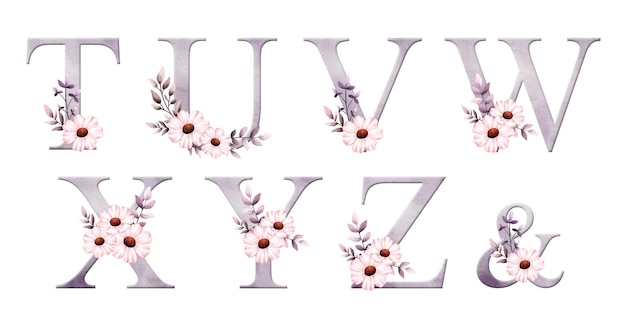 Vettore set di alfabeto con fiori ad acquerello