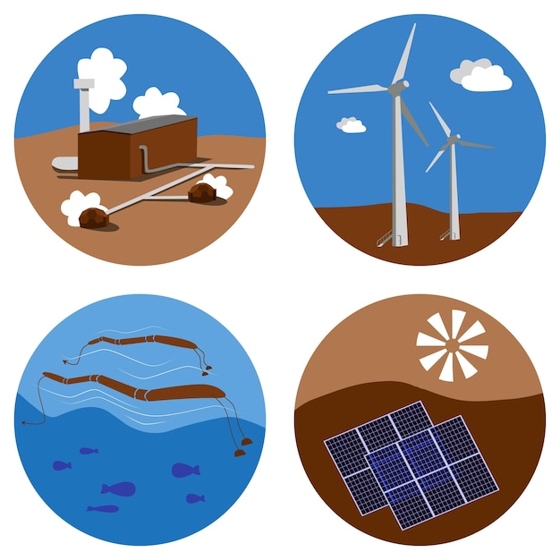 Set of alternative energy sources icons Sun wind water earth eco friendly electricity