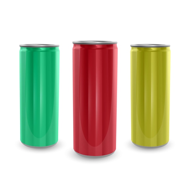 Set aluminium blikjes gele, groene en rode kleuren, geïsoleerd