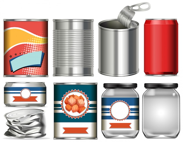 Vector set of aluminium cans with label design on white background