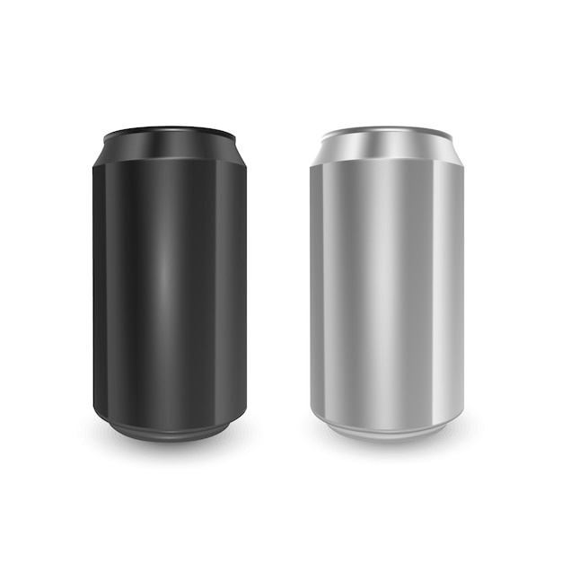 Set of aluminum cans of black and silver colors, isolated on white background.