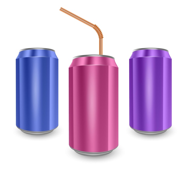 Set of Aluminum cans of Blue, Pink and Purple colors, isolated on white background