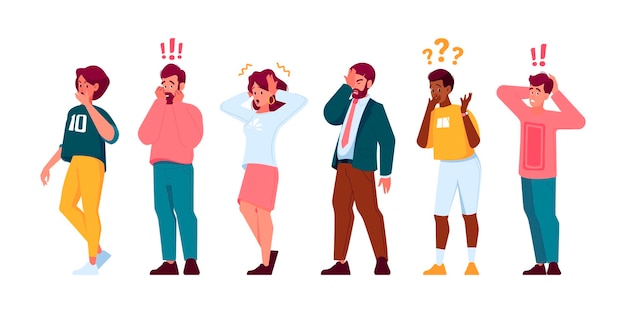 驚いた驚きとショックを受けた人々のセット 口を開けて興奮した反応をする若い男性と女性
