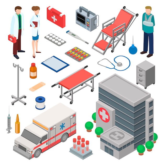 Set ambulance, arts karakter en medische behandelingen gezondheidszorg elementen