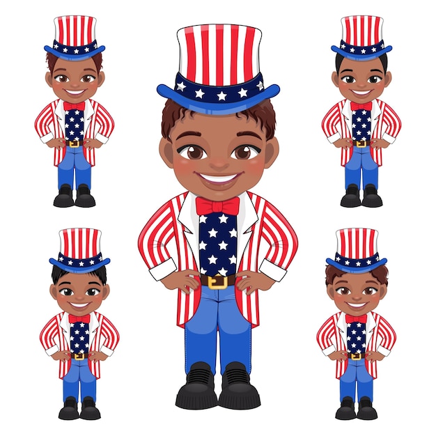 Vector set of american african boys portrait celebrating 4th of july independence day with costume wearing uncle sam hat flat icon style vector