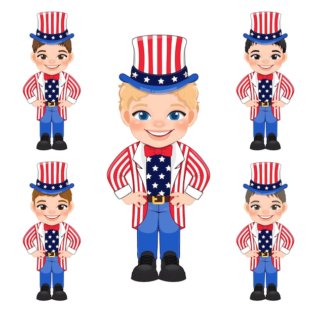 Vector set of american boys portrait celebrating 4th of july independence day with costume wearing uncle sam hat flat icon style vector