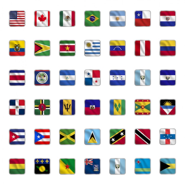 Set of american country flags with square shapes waving style