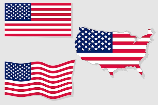 A set of american flagsus flags in different anglesrealistic vector illustration