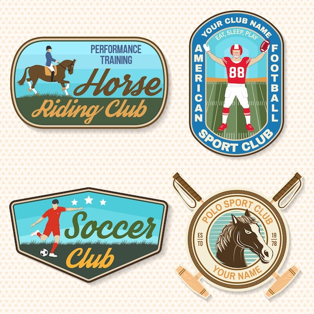 Set of american football soccer polo and horse riding club embroidery patch Vector