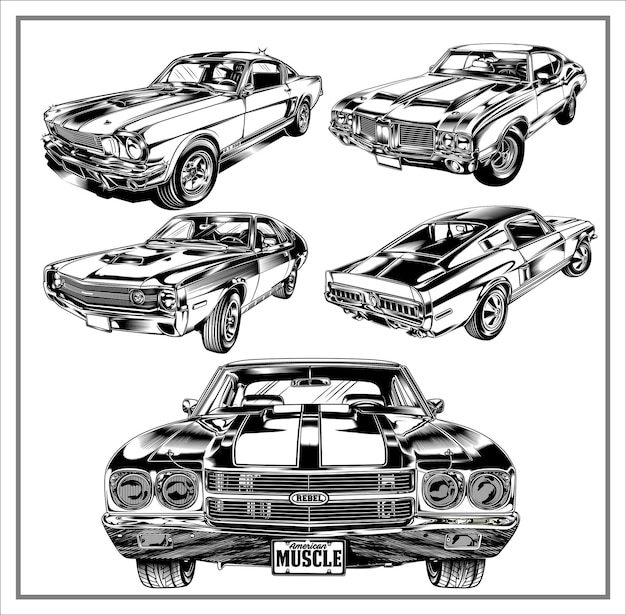 Vector set american muscle cars illustration graphic