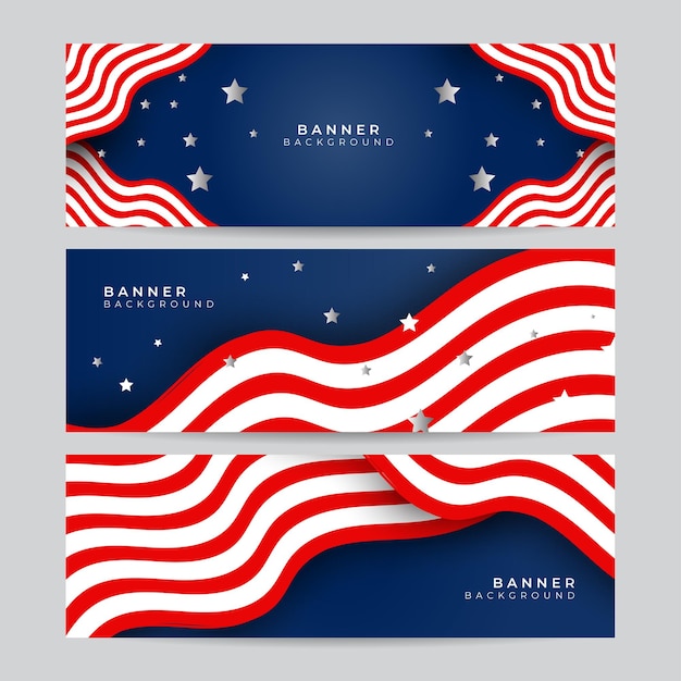 Set di banner della nazione americana con bandiera nazionale e spazio per il testo. concetto di vettore di indipendenza e libertà. celebrazione della festa del paese degli stati uniti. sfondo patriottico tradizionale con sventolante bandiera americana