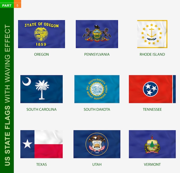 Set amerikaanse staatsvlaggen met wuivende ingang, nationale vlag met textuur. amerikaanse staten vector vlag van oregon, pennsylvania, rhode island, south carolina, south dakota, tennessee, texas, utah, vermont