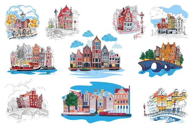 Set of amsterdam city sketches with traditional canal typical dutch houses holland netherlands