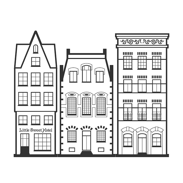 アムステルダムの古い家のファサードのセット。オランダの伝統的な建築。オランダ風のラインスタイルの黒と白のフラット孤立イラスト。着色用