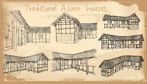 Set of ancient asian house