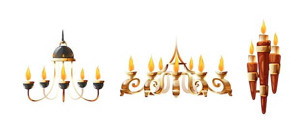 Vector set of ancient candlesticks with burning wax candles