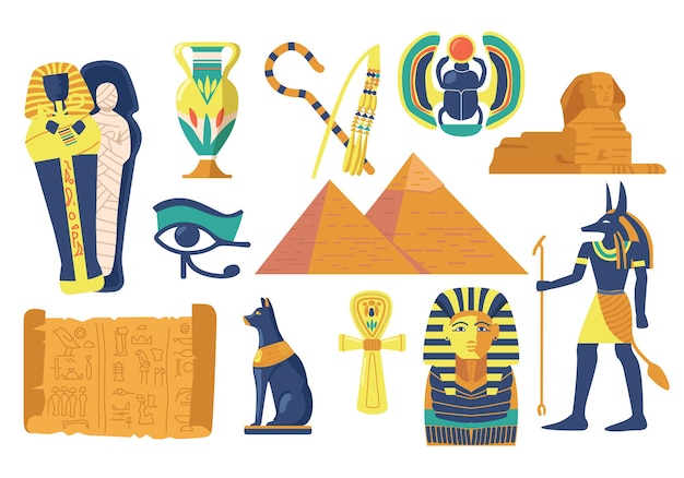 Set of Ancient Egypt Religious Symbols and Landmarks. Sphinx, Scarab and Mummy, Eye of Providence, Egyptian Pyramids and Pharaoh Mask with Anubis God, Jug and Black Cat. Cartoon Vector Illustration