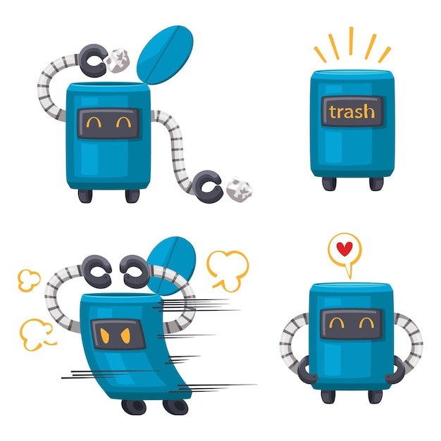 Set of android character robot cleaning cartoon style futuristic machine for home use.  isolated futuristic cybernetic objects technology isolated  illustration.