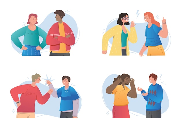 Vector set of angry people concept men and women quarrel with each other friends and couples fight and