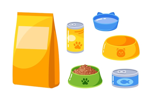 Vector set of animal accessories isolated pet food icons package with dry feeding for cats or dogs plastic bowl with cookies