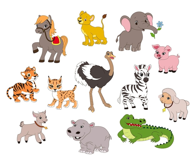 Set  animal characters for childrens games and booksvector illustration in cartoon style