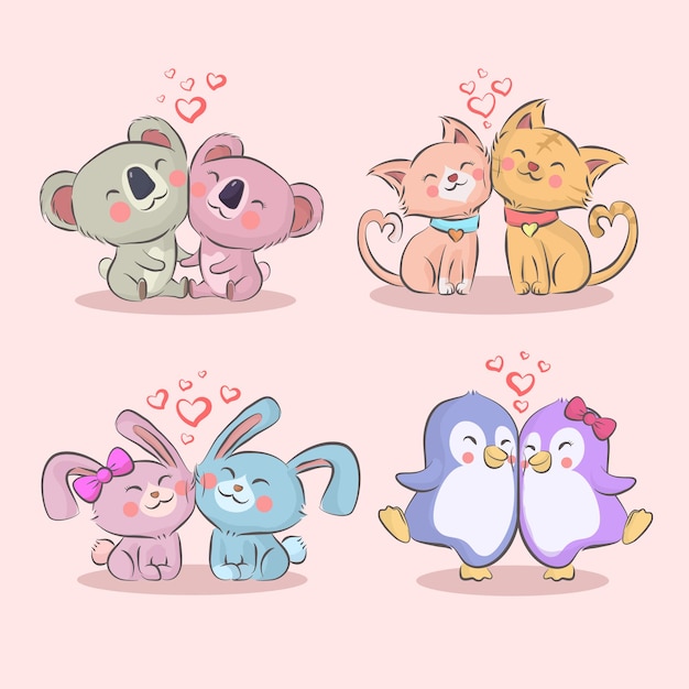 set of animal couples on valentine's day isolated on pink