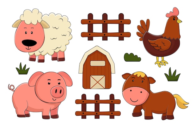 Vector set of animal in farm cartoon style