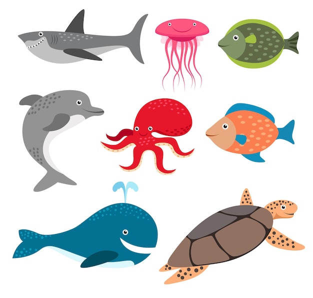 海の生き物、魚、サメ、イルカ、イカ、クジラ、カメ、白の動物グループのセット