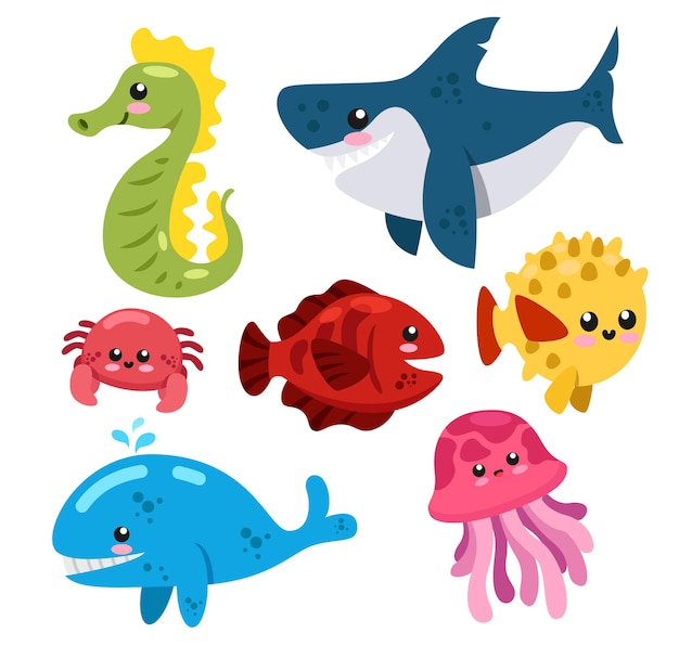 Vector set of animal group of sea creatures, fish, shell, jellyfish, shrimp, stingray on  white