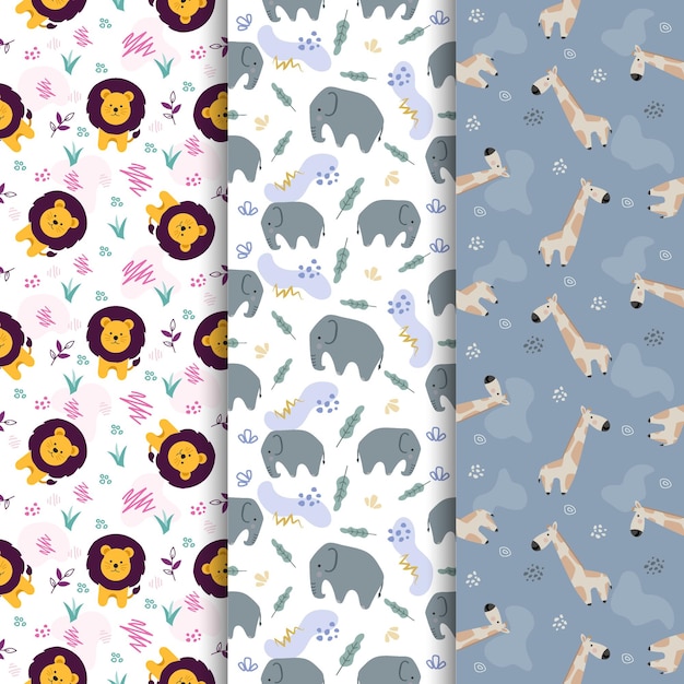 Set of animal lion elephant giraffe cute cartoon seamless pattern