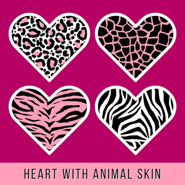 Set of animal skin in shape of heart leopard giraffe tiger and zebra