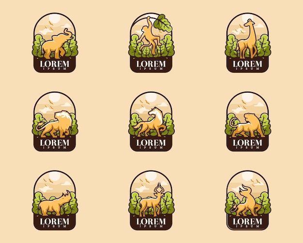 Set di animali con badge albero